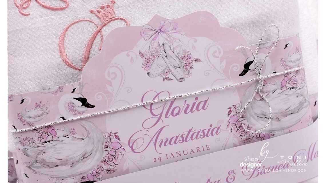 Trusou de botez cu lebede si motive florale personalizat pentru fete, Lebada alba 27